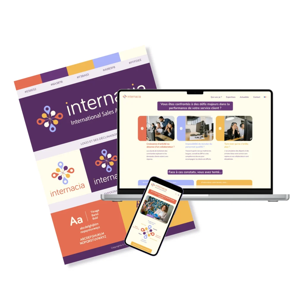 Pack Entrepreneur – identité visuelle, charte graphique et site web référencé présentés en maquette branding