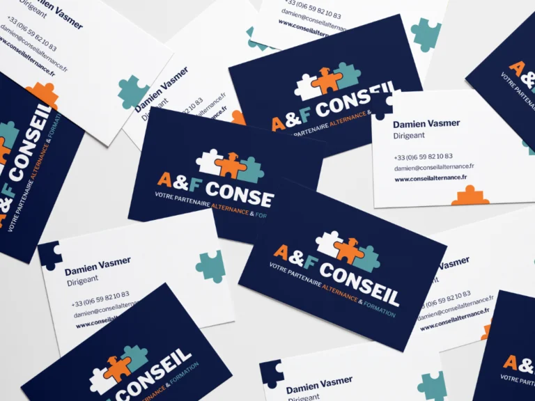 Identité visuelle A&F Conseil avec cartes de visite et logo