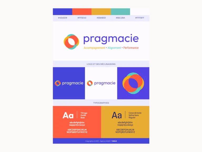 Identité visuelle Pragmacie avec déclinaisons du logo, palette colorimétrique et typographies