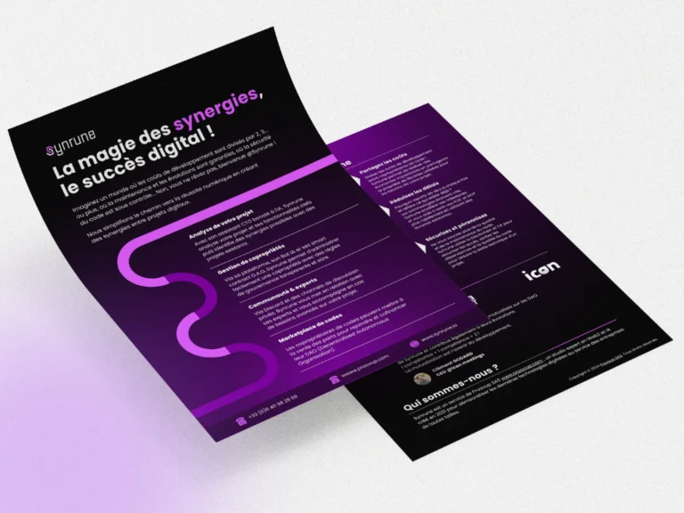 Brochure Synrune – identité visuelle et design éditorial dans un univers graphique violet