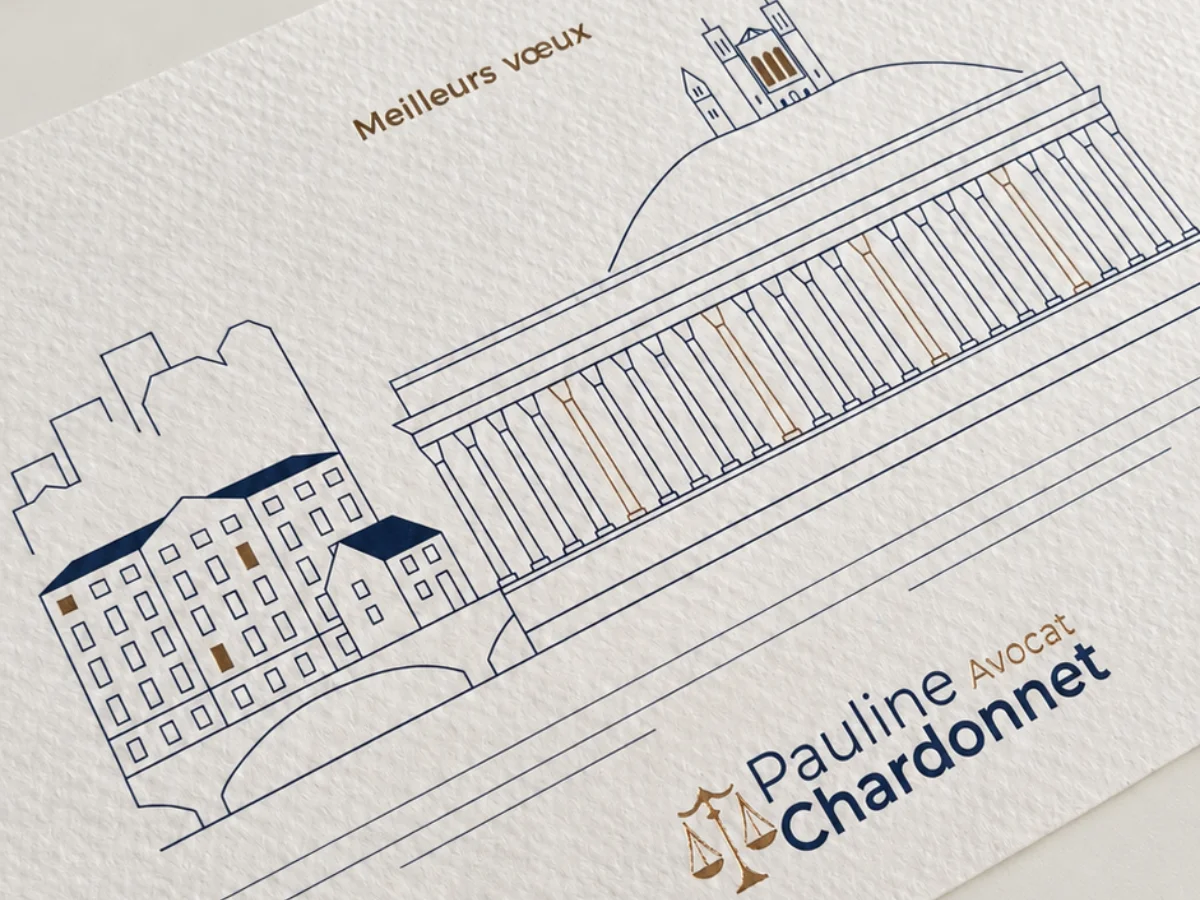Carte de vœux personnalisée pour Pauline Chardonnet, avocate à Lyon, avec une illustration des monuments lyonnais.