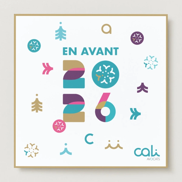 Carte de vœux 2026 de Cali Avocats, avec des chiffres multicolores et des motifs graphiques festifs.