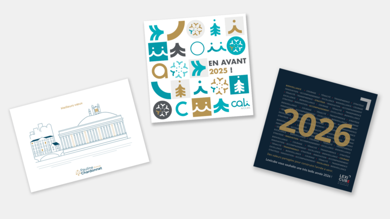 Trois cartes de vœux créées par MAKE IT BOLD pour les cabinets d’avocats Pauline Chardonnet, Cali Avocats et Lexicube.